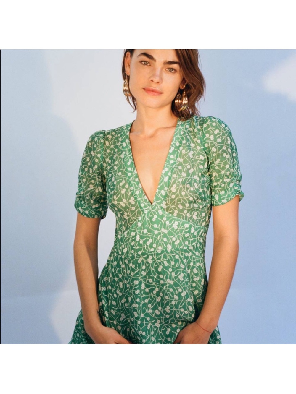 Realisation Par Green V-Neck Mini Dress with White Vine Print